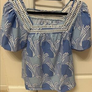 NWT Light Blue Printed Square-Neck Women's Blouse with Embroidered Trim